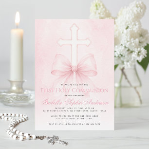 Erste Kommunion Mädchen Rosa Schleife auf Kreuz Wa Einladung