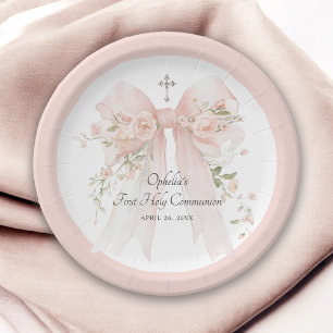 Erste Kommunion Mädchen Rosa Schleife Floral Pappteller