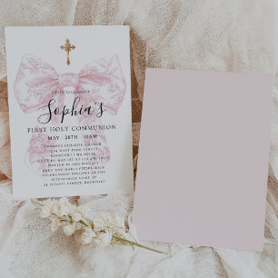 Erste Kommunion Mädchen Rosa Toile-Schleife Kreuz Einladung