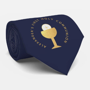 Erste Kommunion Marineblaue Faux-Gold-Kelch & Name Krawatte