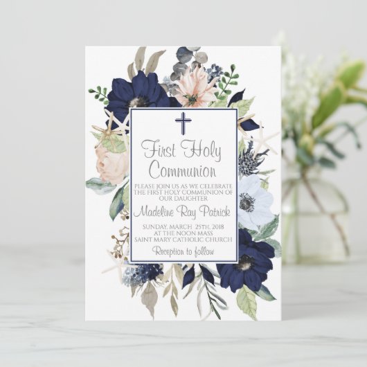 Erste Kommunion mit Blauer Flora Einladung (Stehend Vorderseite)