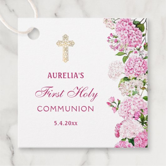 Erste Kommunion mit rosa Hortensie Geschenkanhänger (Vorderseite)