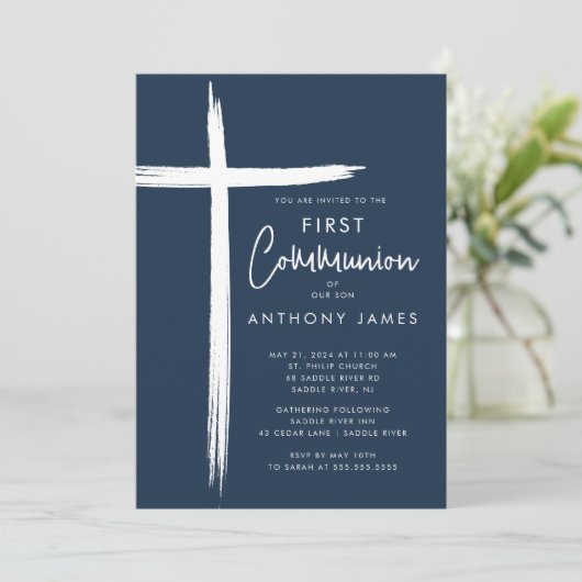 Erste Kommunion moderner Cross Boys Einladung (Stehend Vorderseite)