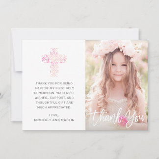 Erste Kommunion Pink Floral Cross Script Foto Dankeskarte