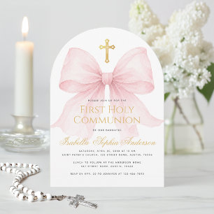 Erste Kommunion Rosa Schleife und Faux Gold Kreuz Einladung