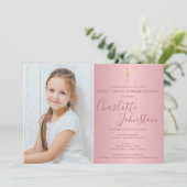 Erste Kommunion Rose Gold Script Foto Einladung (Stehend Vorderseite)