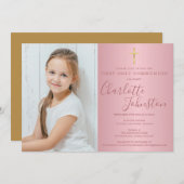 Erste Kommunion Rose Gold Script Foto Einladung (Vorne/Hinten)