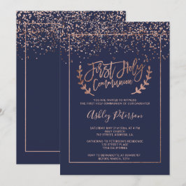 Erste Kommunion Rosengoldconfetti-Marineblau Chic Einladung
