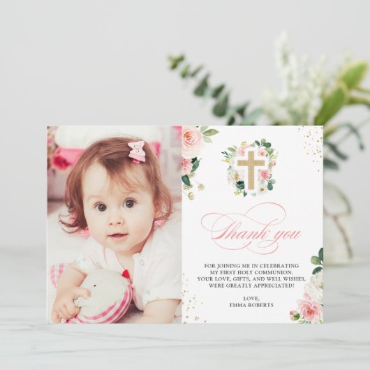 Erste Kommunion Taufe Religiöse Blush Pink Gold Dankeskarte (Stehend Vorderseite)