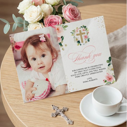 Erste Kommunion Taufe Religiöse Blush Pink Gold Dankeskarte