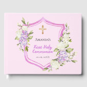 Erste Kommunion Wappen pink lila Blumenmädchen Gästebuch (Vorderseite)