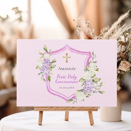 Erste Kommunion Wappen pink lila Blumenmädchen Gästebuch