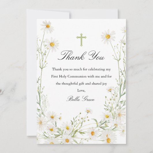 Erste Kommunion Weißer Daisy Blumenkreuz Dankeskarte (Vorderseite)