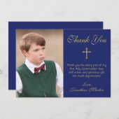 Erste Kommunions-einfaches Goldkreuz-Blau-Foto Dankeskarte (Vorne/Hinten)
