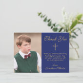 Erste Kommunions-einfaches Goldkreuz-Blau-Foto Dankeskarte (Stehend Vorderseite)
