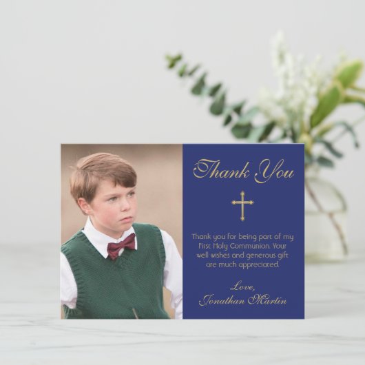 Erste Kommunions-einfaches Goldkreuz-Blau-Foto Dankeskarte (Stehend Vorderseite)