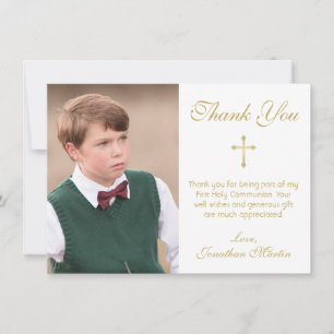 Erste Kommunions-einfaches Goldkreuz-Weiß-Foto Dankeskarte
