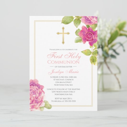 Erste Kommunions-Goldkreuz-Rosa-Rosen mit Blumen Einladung (Stehend Vorderseite)