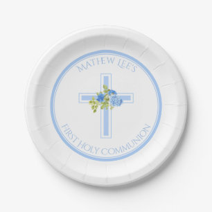 Erste Kommunions-quere blaue Rosen-mit Monogramm Pappteller
