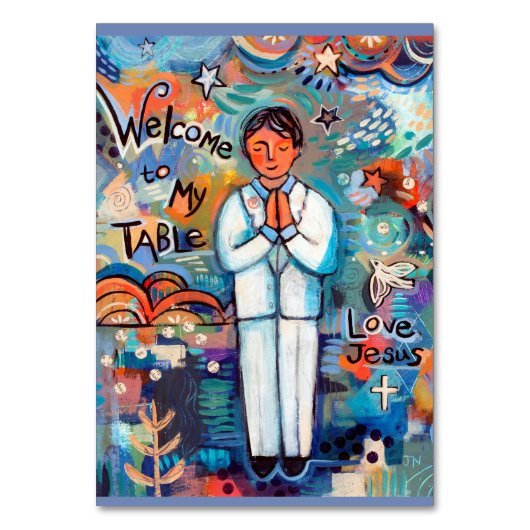 Erste Kommunizierbare Gebetskarte für Jungen Tischnummer (Vorderseite)