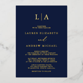 Erste Minimalistische Hochzeit der Navy Gold Foil Folieneinladung