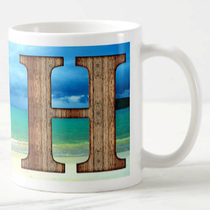 Erste Monogram Holzbuchstabe H Beach Ocean Szene Kaffeetasse