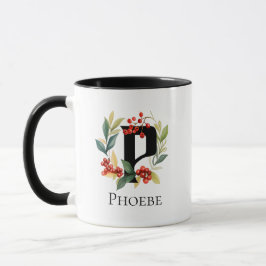 Erste P Monogram Christmas Berry Wreath Tasse