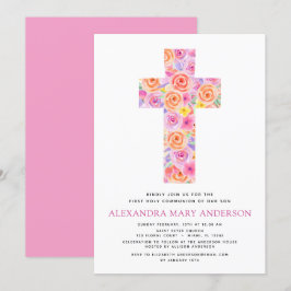 Erste Pastelle der heiligen Kommunion Floral Rosa  Einladung