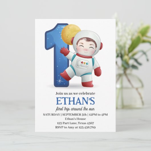 Erste Reise des Astronauten um die Sonne am 1. Geb Einladung (Stehend Vorderseite)