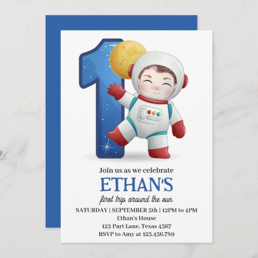 Erste Reise des Astronauten um die Sonne am 1. Geb Einladung (Vorne/Hinten)