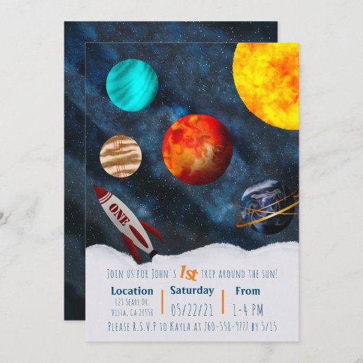 Erste Reise durch das Sun Space Theme Boy Planets Einladung (Vorne/Hinten)