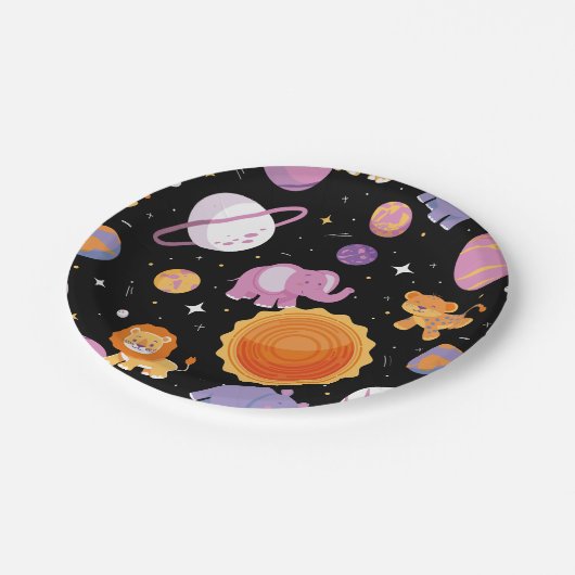 Erste Reise durch die Sonne Safari Tiere im All Pappteller (Schrägansicht)