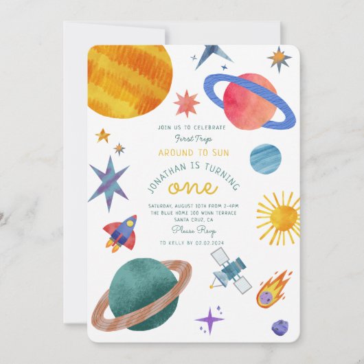Erste Reise Raumfahrtastronaut erster Geburtstag Einladung (Vorderseite)