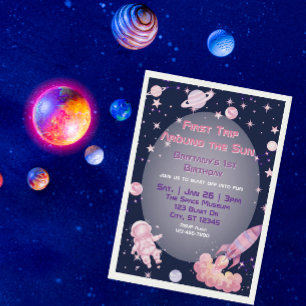 Erste Reise, Rosa Lila Welt 1. Geburtstag Einladung