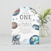 Erste Reise um den Sonnenastronaut zum Geburtstag Einladung (Stehend Vorderseite)