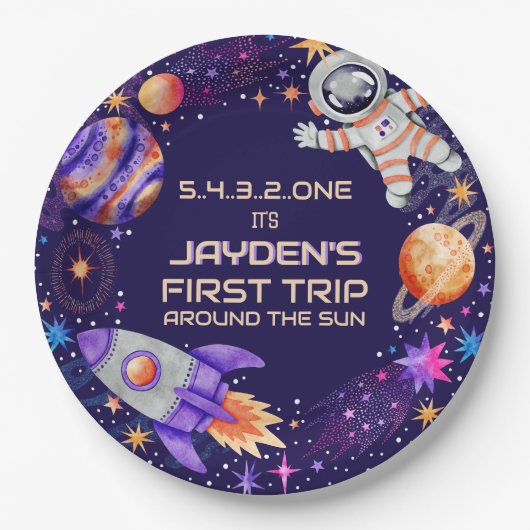 Erste Reise um den Sun Rocket Astronaut Space Pappteller (Vorderseite)