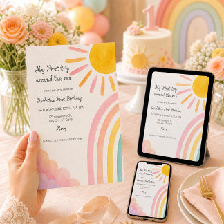 Erste Reise um die Sonne Boho Regenbogen Baby Einladung