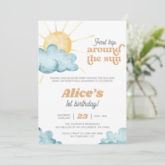 Erste Reise um die Sonne Boho Sonnenschein Geburts Einladung (Stehend Vorderseite)
