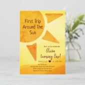 Erste Reise um die Sonne Gold Sonnenschein Geburts Einladung (Stehend Vorderseite)