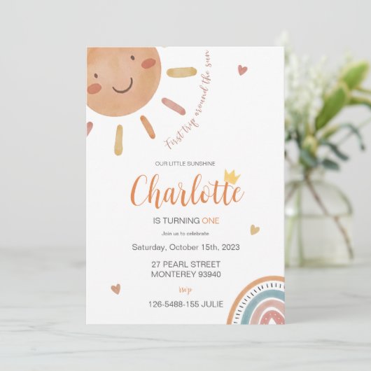 Erste Reise um die Sonne Kleiner Sonnenschein Gebu Einladung (Stehend Vorderseite)