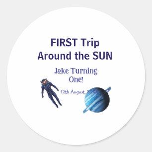 Erste Reise um die Sonne Planet Astronaut Geburtst Runder Aufkleber