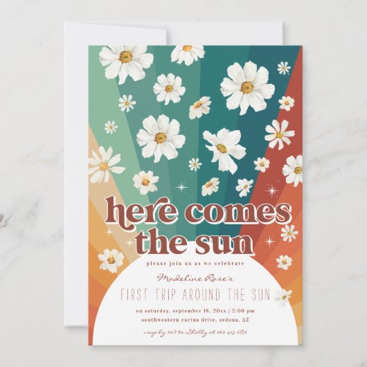 Erste Reise um die Sonne | Retro Daisy Rainbow Einladung (Vorderseite)