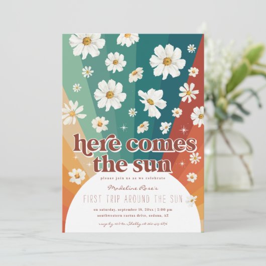 Erste Reise um die Sonne | Retro Daisy Rainbow Einladung (Stehend Vorderseite)