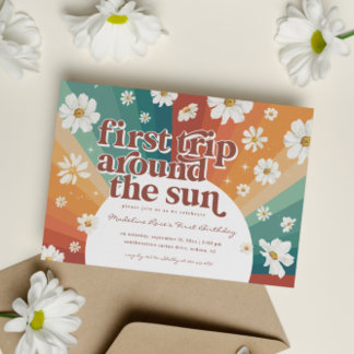 Erste Reise um die Sonne | Retro Daisy Rainbow Einladung