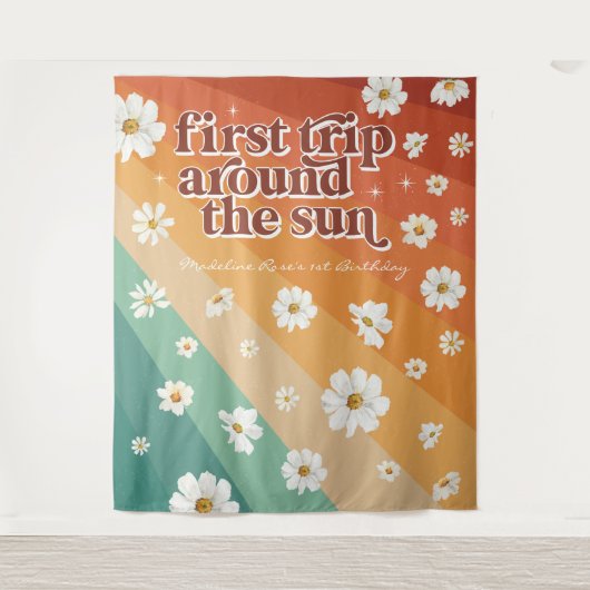 Erste Reise um die Sonne | Retro Daisy Rainbow Wandteppich (Vorderseite)