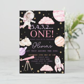 Erste Reise um die Sun Girl schwarz 1. Geburtstag Einladung