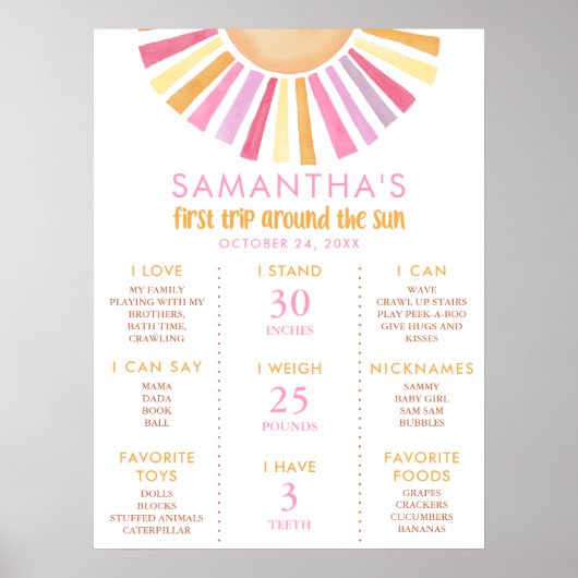 Erste Reise um Sonnen Meilenstein Mädchen 1. Gebur Poster (Vorne)