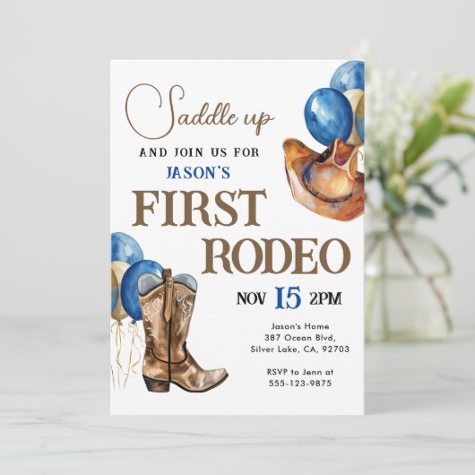 Erste Rodeo Cowboy 1. Geburtstag Einladung (Stehend Vorderseite)