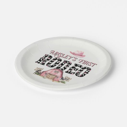 Erste Rodeo Niedlich Pink Personalisiert 1. Geburt Pappteller (Schrägansicht)