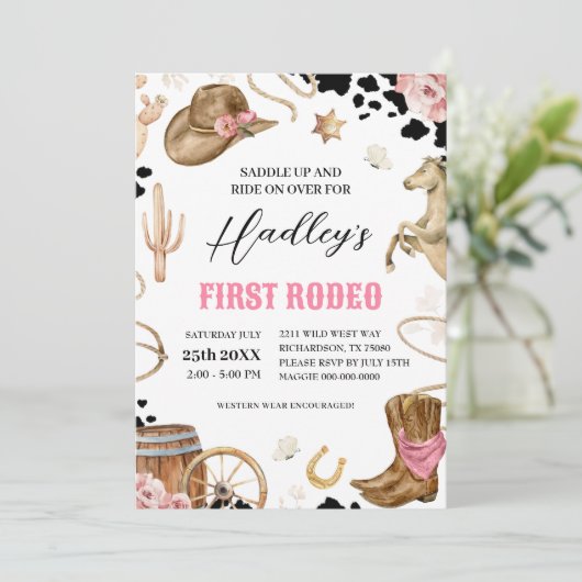 ERSTE RODEO Western Cowgirl Geburtstag Einladung (Stehend Vorderseite)